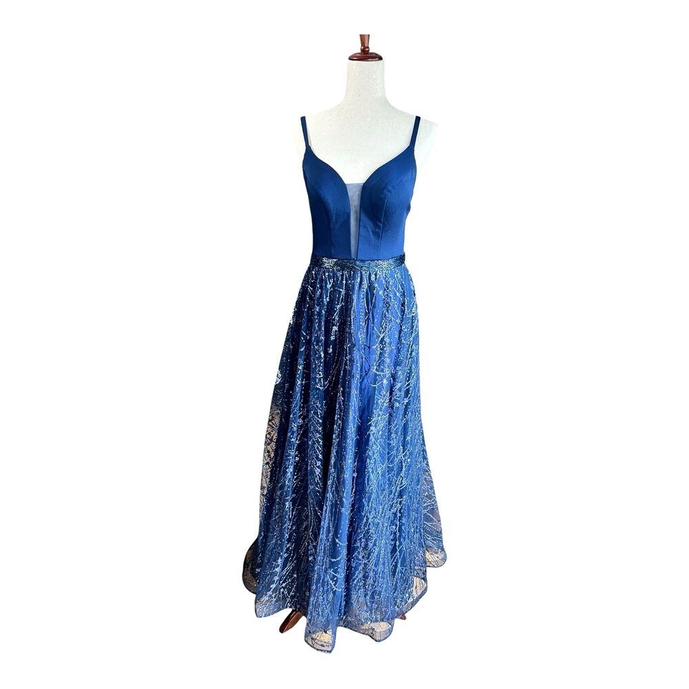 NWT Camille La Vie Navy Blue Glitter Mesh Prom Evening Ball Gown Corset Back Sz